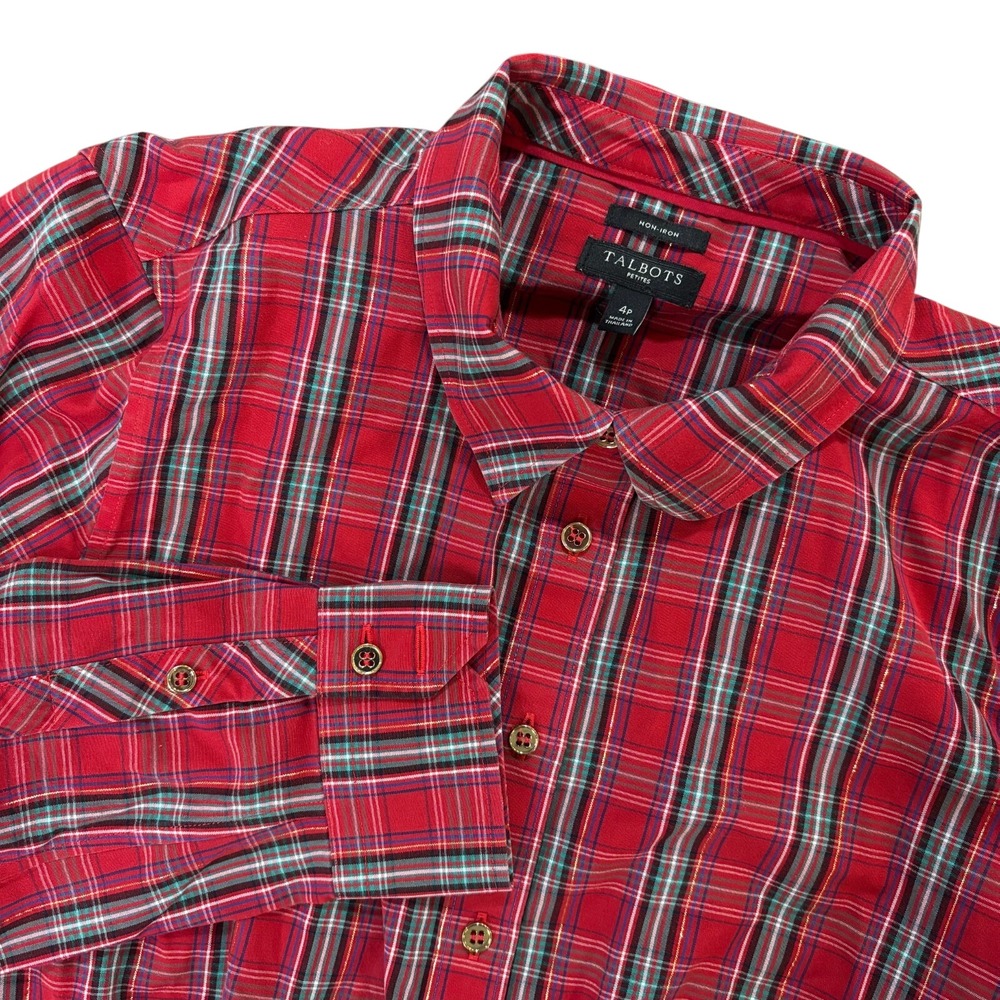 TALBOTS Button Front Shirt Womens 4 Petite Red Plaid Non‎ Iron Cotton Top Long
